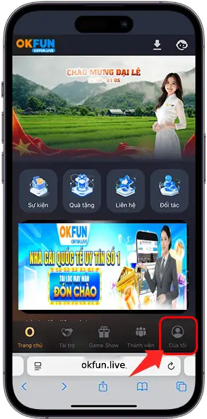 Màn hình điện thoại hiển thị giao diện OKFUN với mũi tên chỉ vào mục Của Tôi