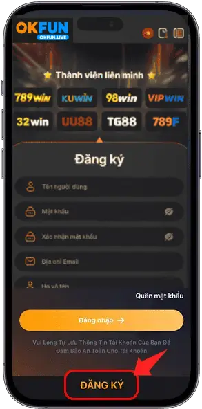 Màn hình đăng ký tài khoản OKFUN với các ô nhập thông tin và nút đăng ký