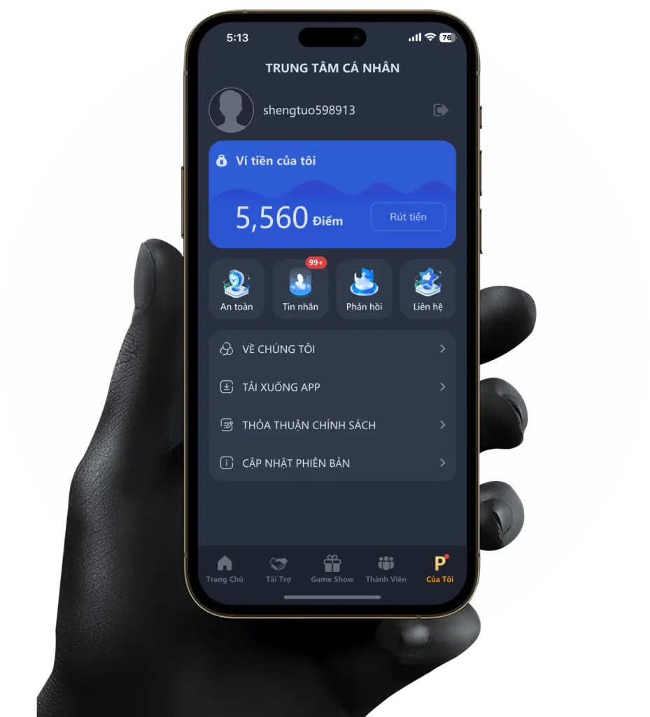 Màn hình ứng dụng OKFUN với mục thông tin tài khoản